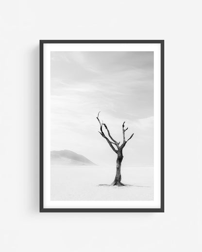 Black and white desert photography in black frame showing solitary dead tree on open sand flats with distant mountains, minimalist landscape wall art print.