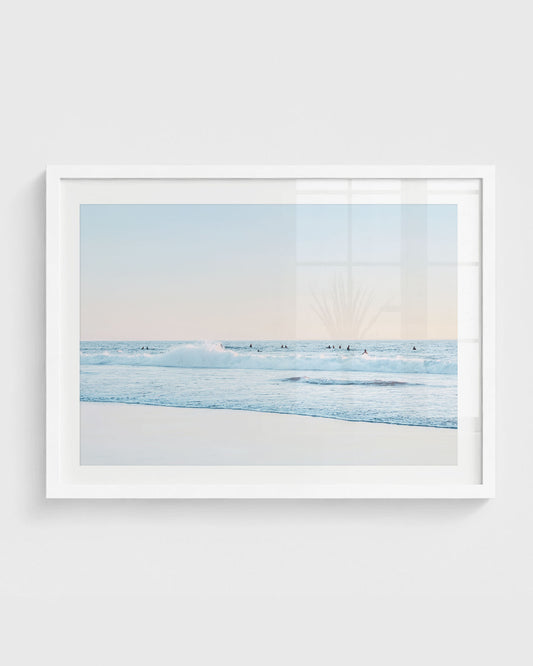 San Clemente surf lineup wall art with surfers waiting on gentle ocean waves in soft coastal tones