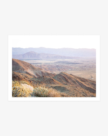 Montezuma Lookout wall art featuring layered desert ridges, a wide Anza-Borrego valley and hazy California mountains in warm natural tones.