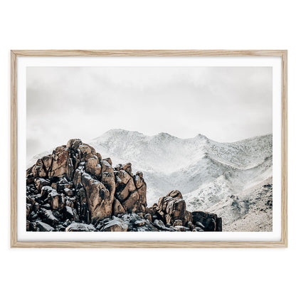 Framed winter landscape photo of Joshua Tree National Park with soft golden desert light rugged rock formations and iconic Joshua trees in a tranquil setting