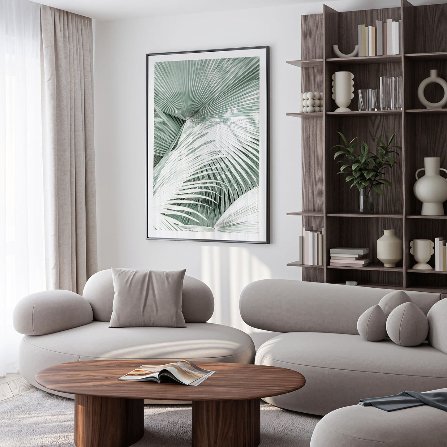 Mint green palm leaves botanical wall art print with tropical minimalist design