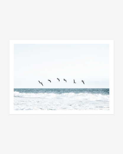 Newport Beach coastal photography featuring a flock of pelicans flying above blue Pacific waves beneath a pale open sky.