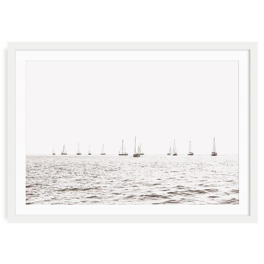 Minimalist nautical wall art showing several sailboats floating on a calm beige lake under an open sky, ideal for neutral coastal and calming home decor.