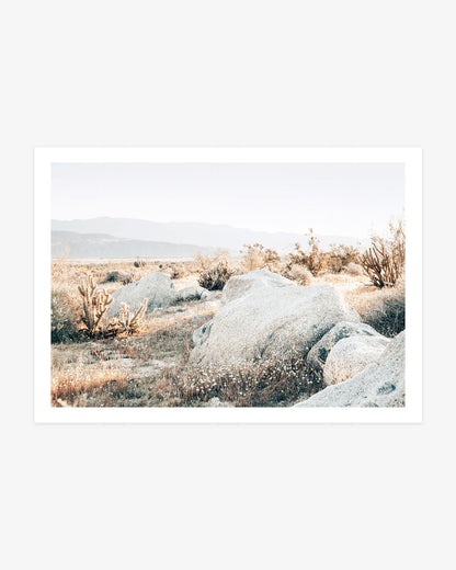 Pale granite boulders surrounded by desert scrub with hazy mountains in Anza-Borrego Desert State Park.

