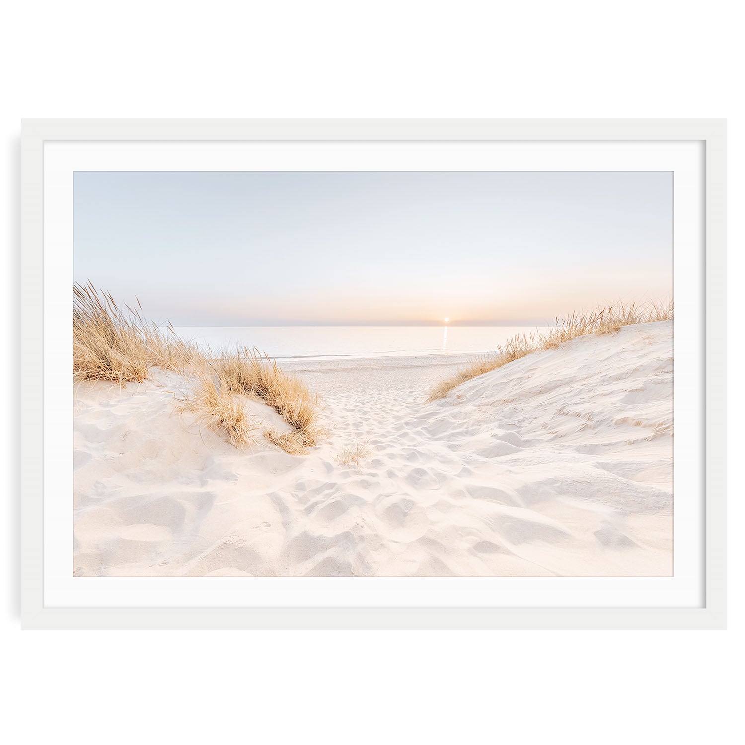 Minimalist coastal fine art print of a pastel beach sunset with soft waves and warm sandy tones, perfect for calming and neutral ocean-inspired wall decor