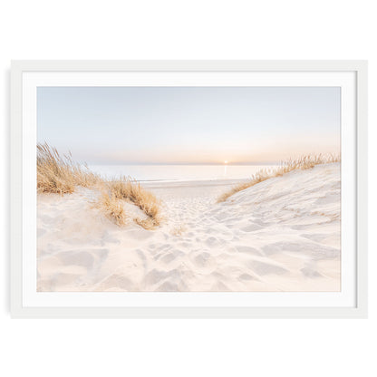 Minimalist coastal fine art print of a pastel beach sunset with soft waves and warm sandy tones, perfect for calming and neutral ocean-inspired wall decor