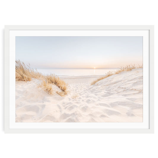 Minimalist coastal fine art print of a pastel beach sunset with soft waves and warm sandy tones, perfect for calming and neutral ocean-inspired wall decor
