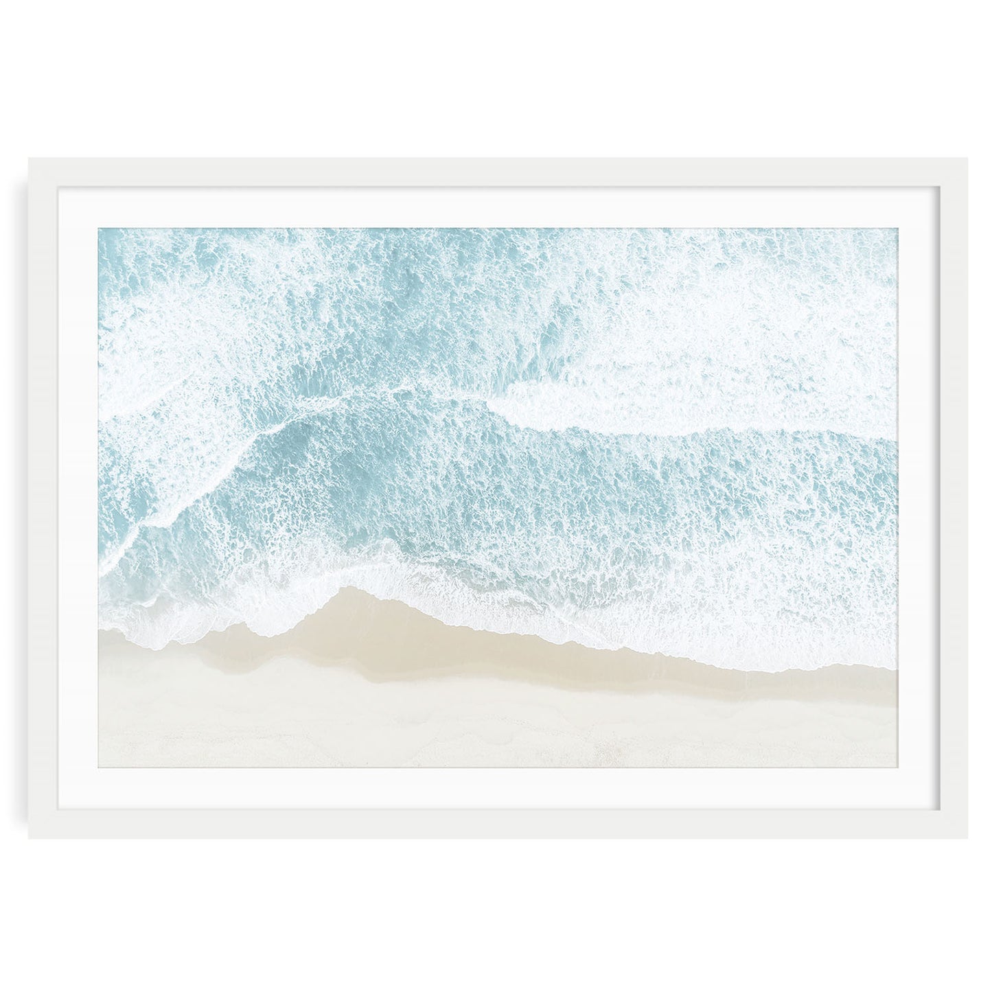 Aerial photograph of blue ocean beach with waves and sandy shoreline wall art print