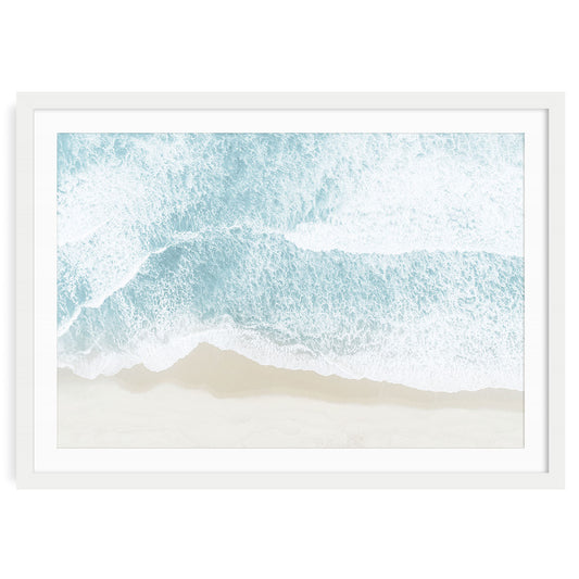 Aerial photograph of blue ocean beach with waves and sandy shoreline wall art print