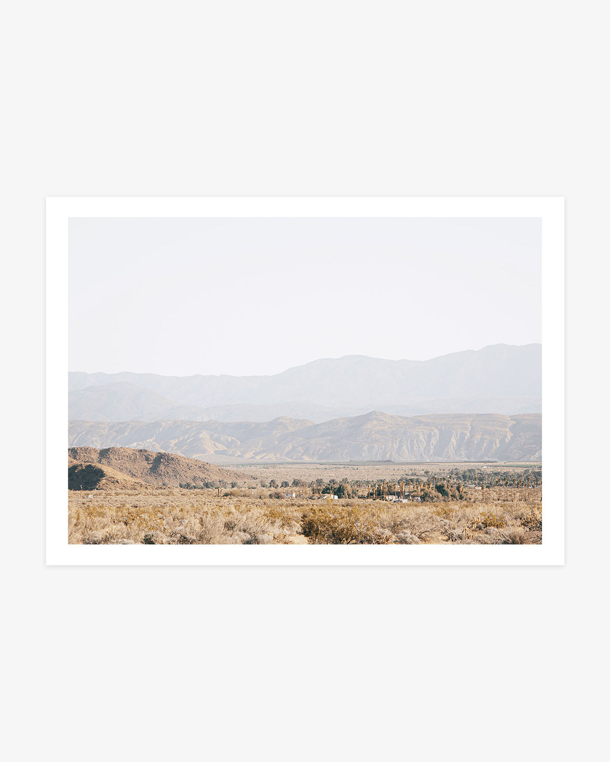 Expansive Anza-Borrego desert valley with golden scrub, distant palms, and layered mountains fading beneath a pale sky.