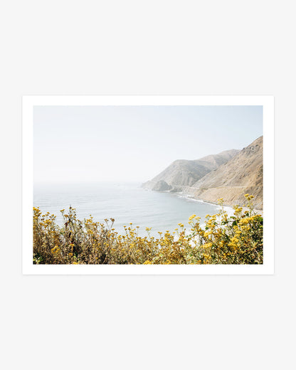 Big Sur landscape photography featuring yellow coastal wildflowers, rugged cliffs, a Highway 1 bridge and the pale blue Pacific Ocean.