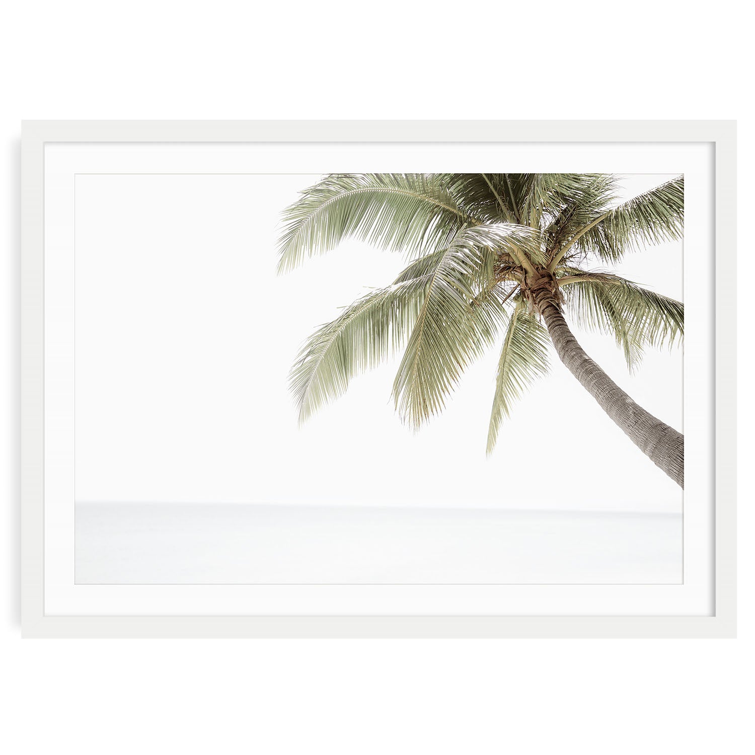 Minimalist palm tree wall art with neutral tones and soft tropical beach sky, modern coastal fine art print available framed or unframed.