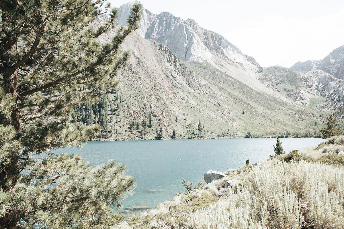 Convict Lake photography featuring blue alpine water framed by pine trees, sagebrush, and rugged Sierra Nevada mountains in California.