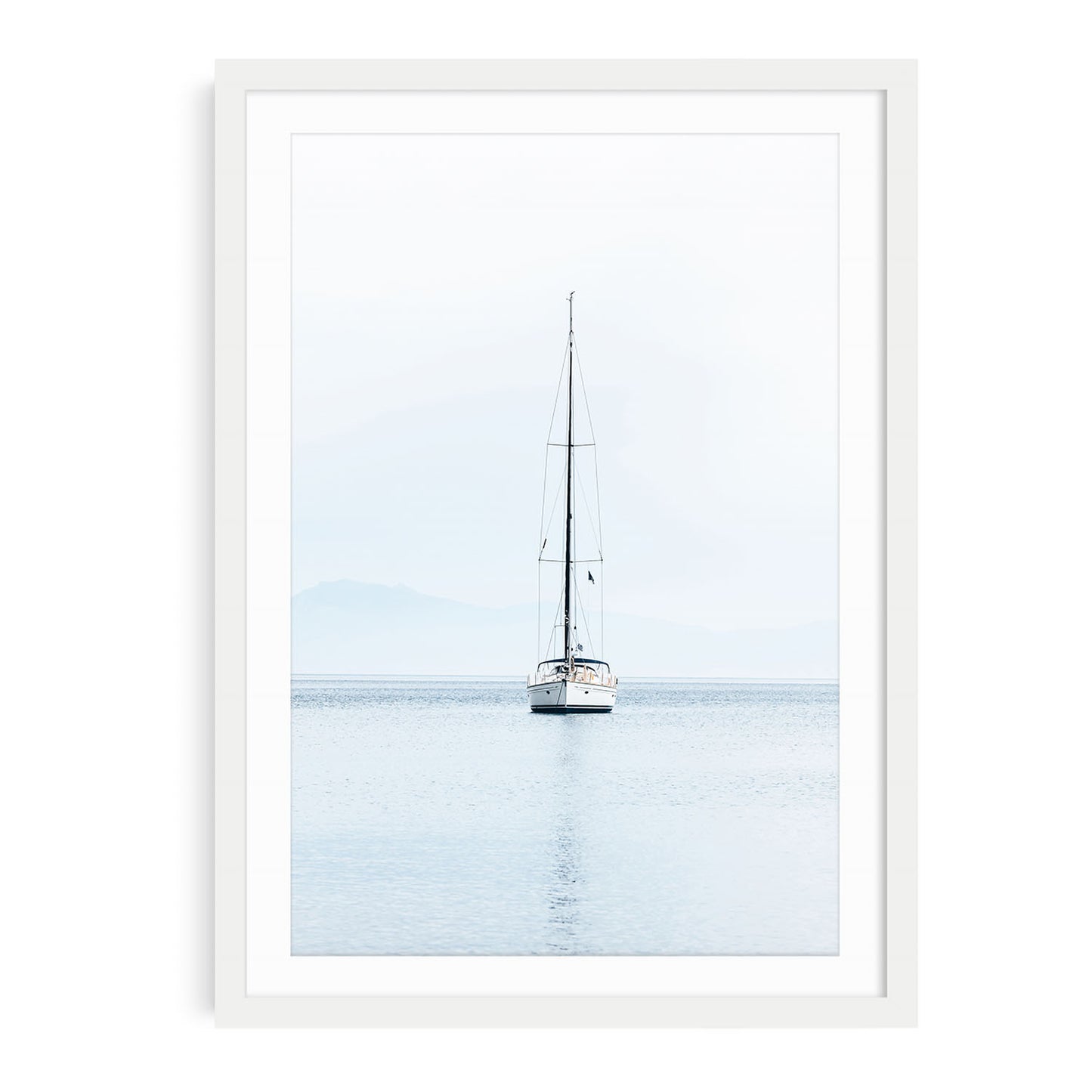 Minimalist sailboat fine art print featuring a single white sailing yacht on calm ocean water under an open sky, ideal for nautical coastal wall decor.