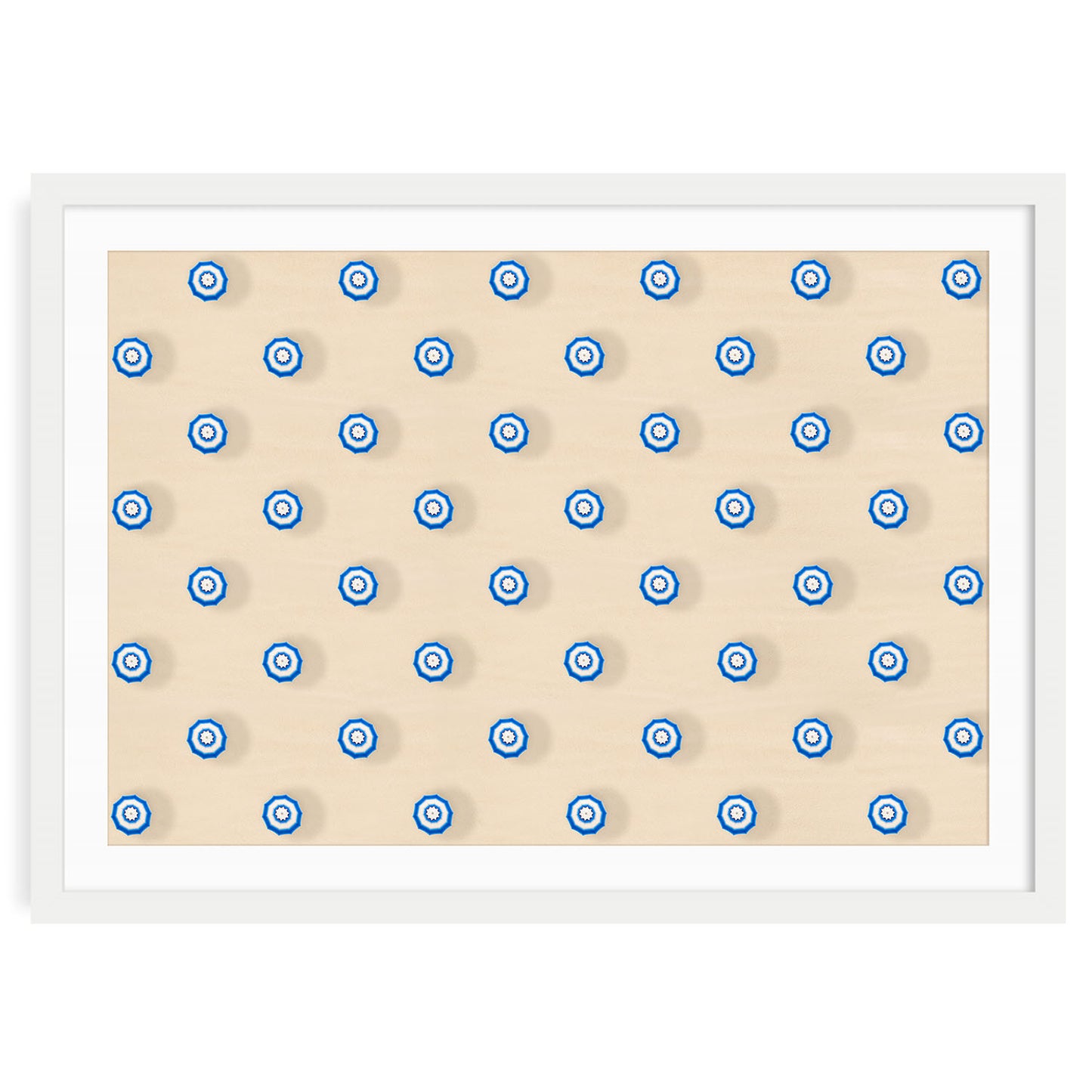 Aerial beach photo of blue and white umbrellas in a patterned layout. Minimalist coastal art print that adds a modern, serene summer vibe to home decor.