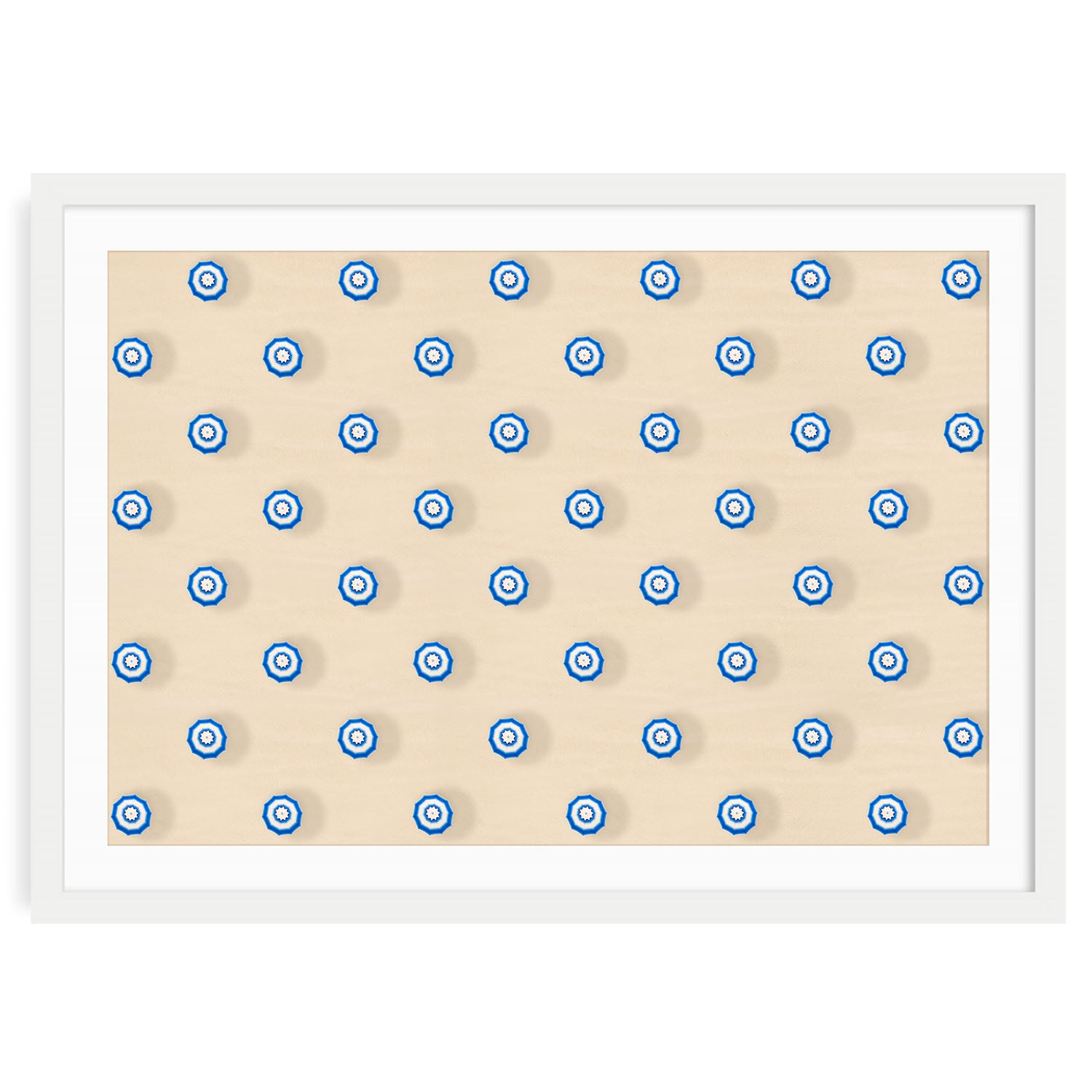 Aerial beach photo of blue and white umbrellas in a patterned layout. Minimalist coastal art print that adds a modern, serene summer vibe to home decor.