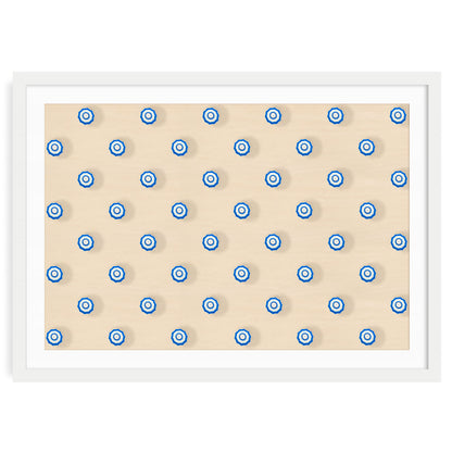 Aerial beach photo of blue and white umbrellas in a patterned layout. Minimalist coastal art print that adds a modern, serene summer vibe to home decor.
