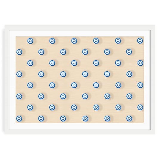 Aerial beach photo of blue and white umbrellas in a patterned layout. Minimalist coastal art print that adds a modern, serene summer vibe to home decor.
