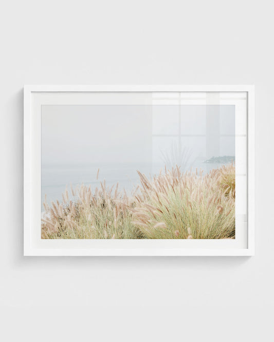 Coastal grass beach wall art in soft neutral tones by the ocean.