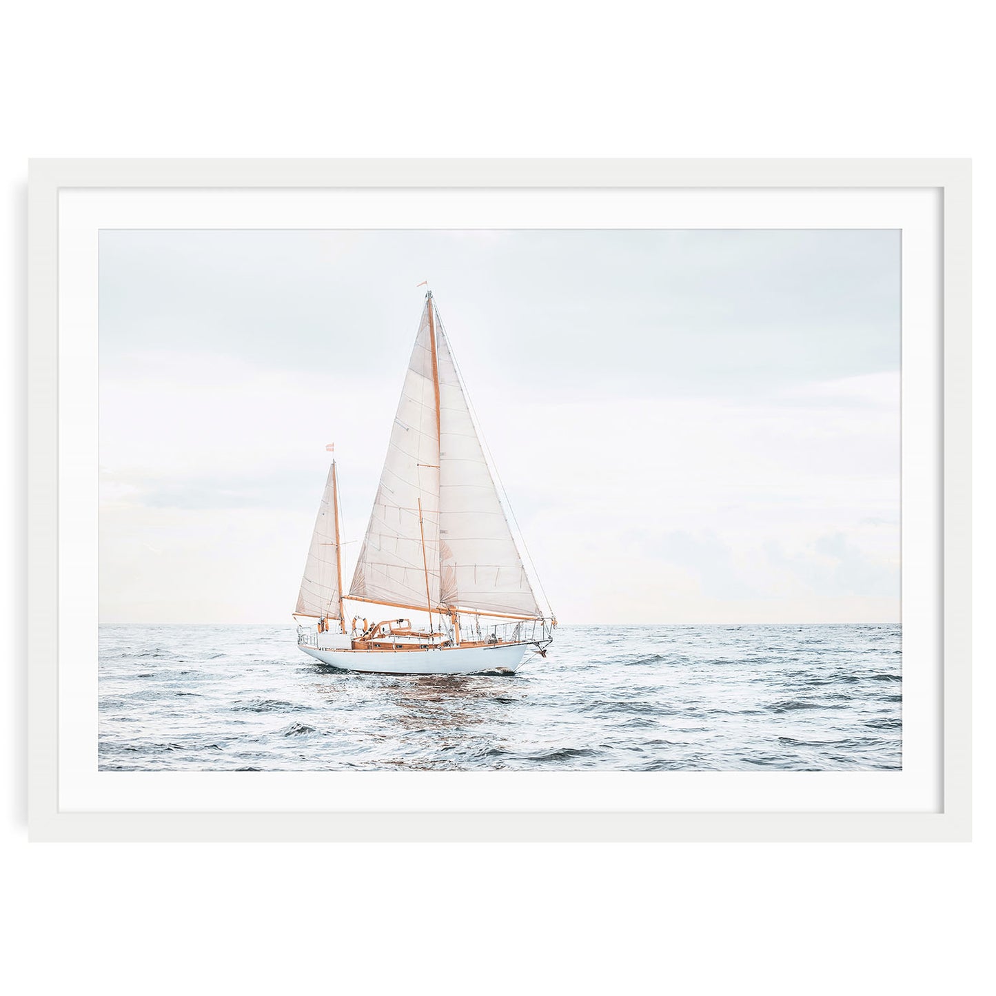 Oversized sailboat art print in modern wooden frame on plain background, minimalist coastal wall decor for beach or lake house.