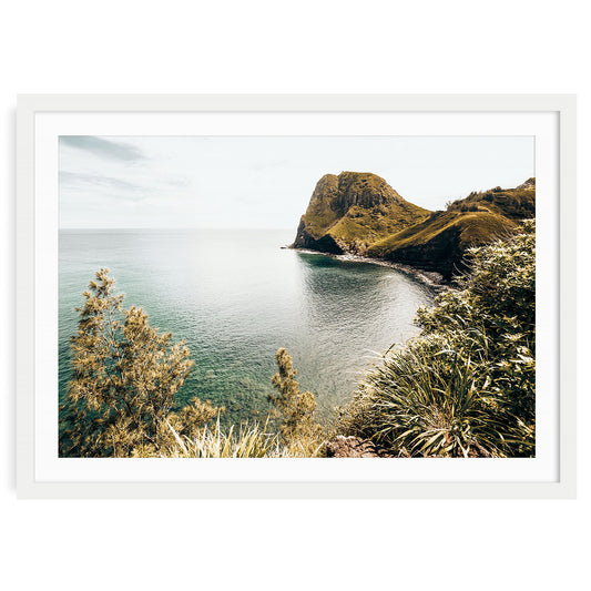 Hawaiian coastal wall art featuring blue ocean and rocky shoreline fine art print framed