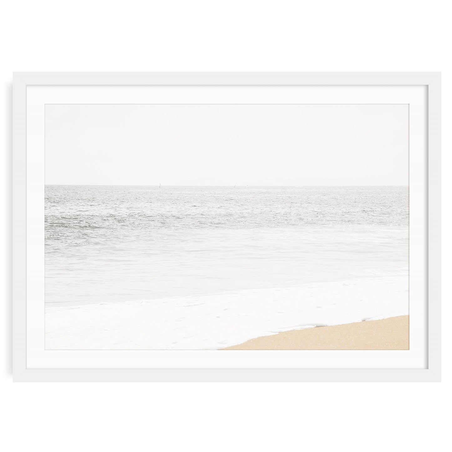 Newport Beach muted neutral coastal fine art print with soft sand tones and gentle ocean waves, minimalist beach wall art for serene home decor