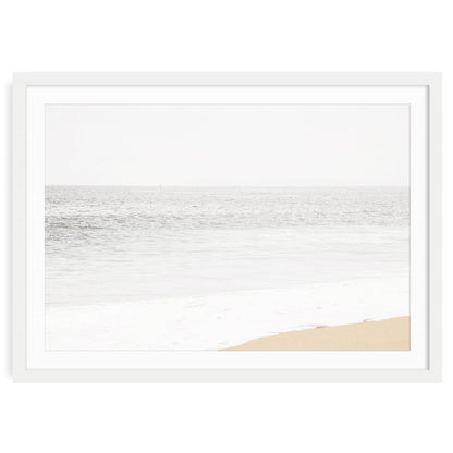 Newport Beach muted neutral coastal fine art print with soft sand tones and gentle ocean waves, minimalist beach wall art for serene home decor