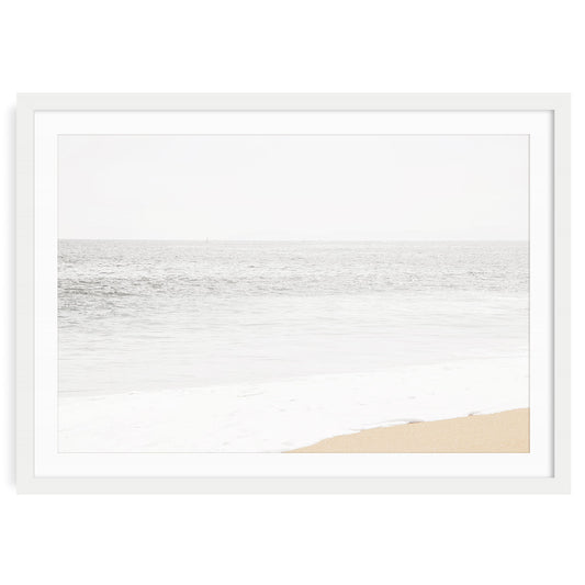 Newport Beach muted neutral coastal fine art print with soft sand tones and gentle ocean waves, minimalist beach wall art for serene home decor
