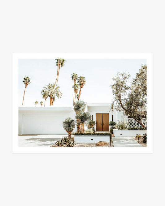 White mid-century modern home with bronze double doors, sculptural desert plants, and tall palm trees in Palm Springs.
