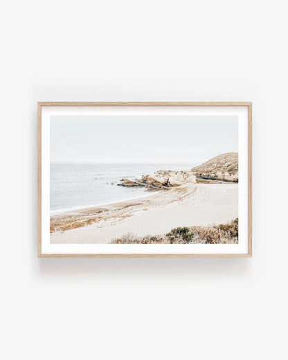 Minimalist Montaña de Oro beach print featuring soft ocean waves and coastal cliffs, neutral tones for modern minimalist wall decor