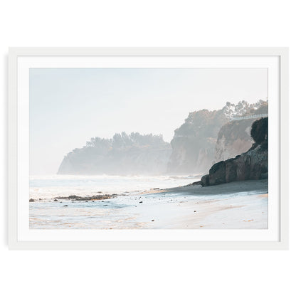 Misty Malibu Beach with soft ocean waves and sandy shoreline wall art print