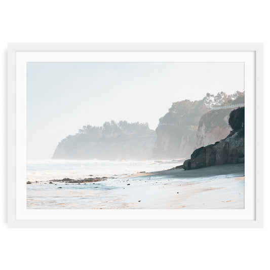 Misty Malibu Beach with soft ocean waves and sandy shoreline wall art print