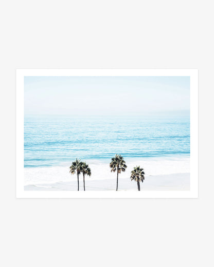 San Clemente wall art featuring three palm trees beneath a wide view of the turquoise Pacific Ocean in soft blue coastal tones.