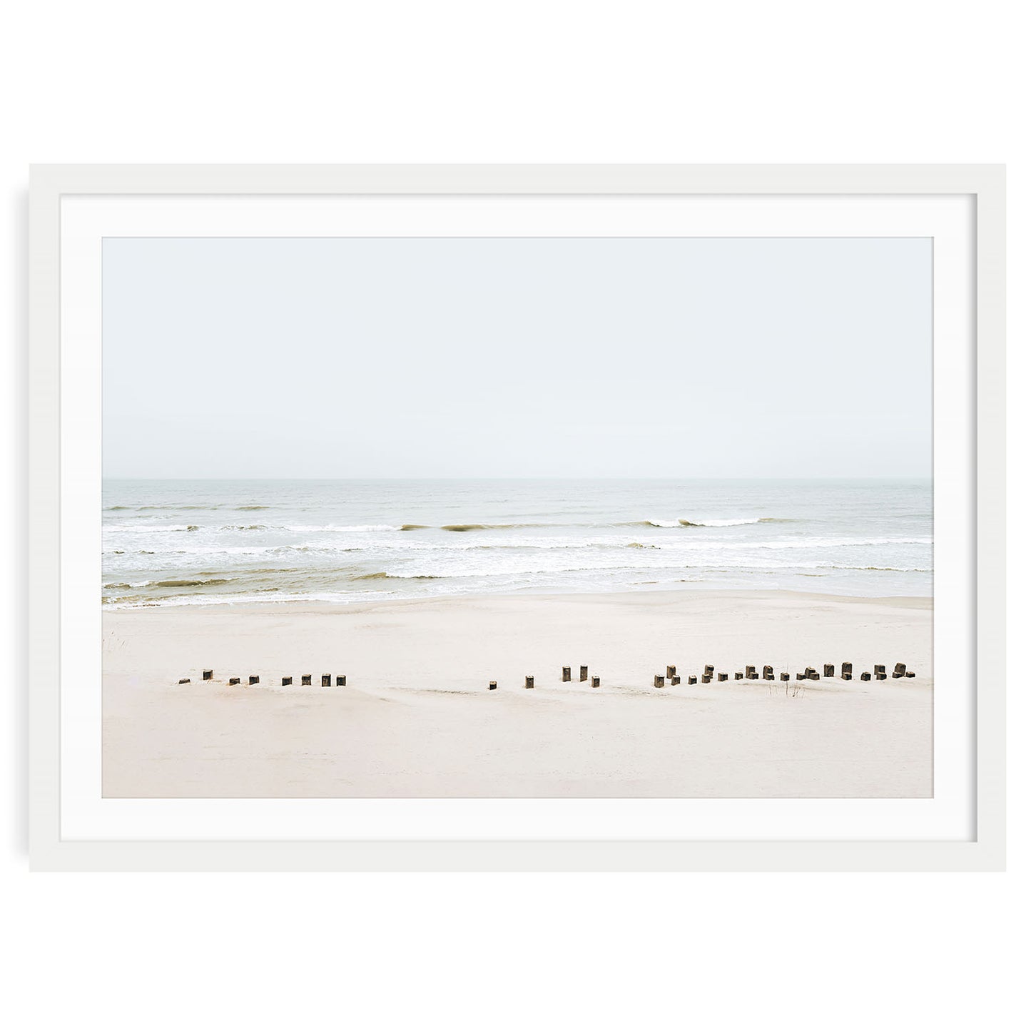 Neutral beach wall art featuring a minimalist ocean scene in soft tones, horizontal framed seascape print for calming coastal home decor.
