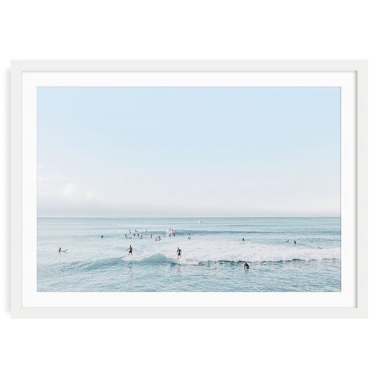 Minimalist aerial surf print showing surfers on turquoise waves, captured from above — fine art beach photography for coastal or modern ocean decor.