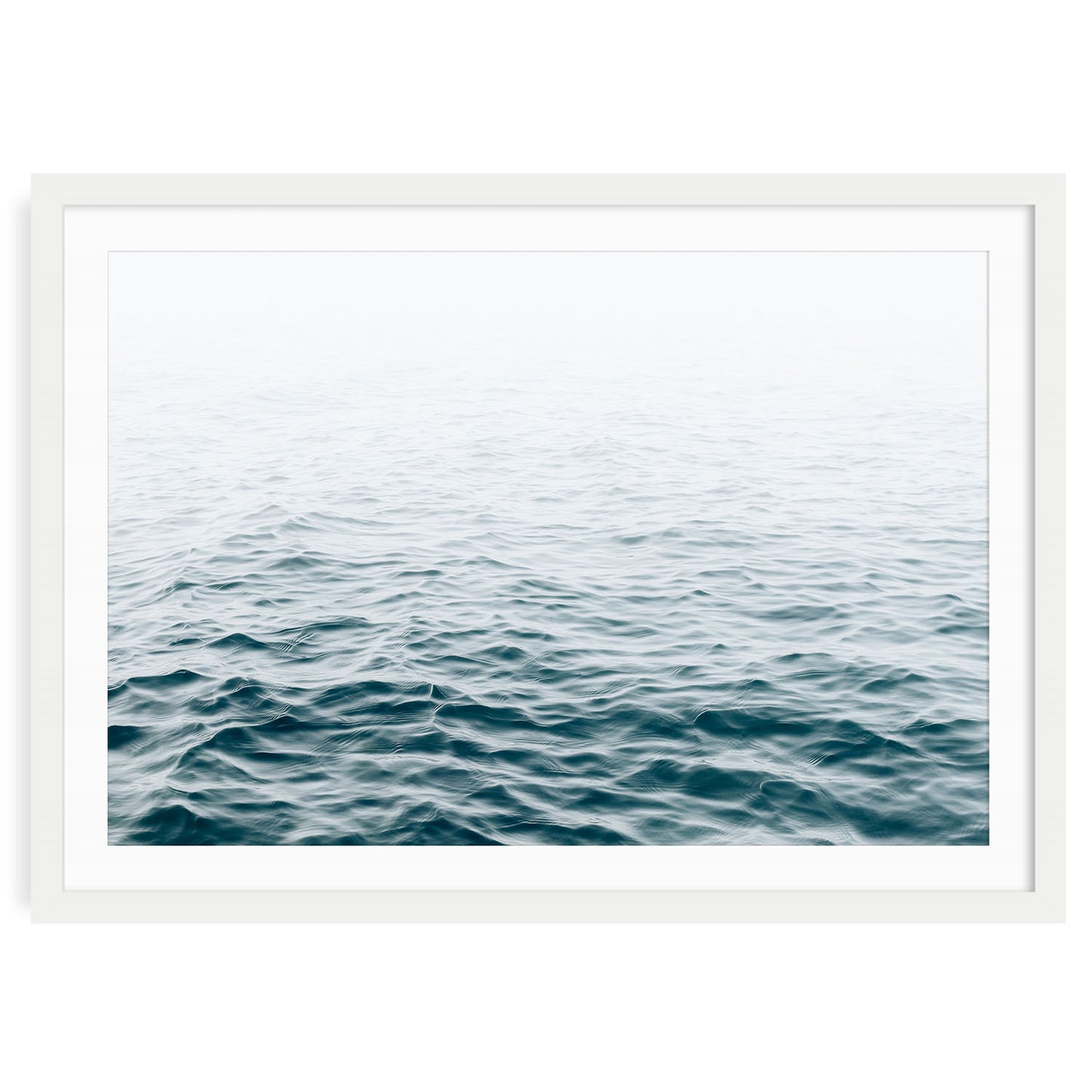 Minimalist ocean wave print featuring blue water movement and soft sea foam under natural light, modern coastal wall art for beach house or nautical decor.