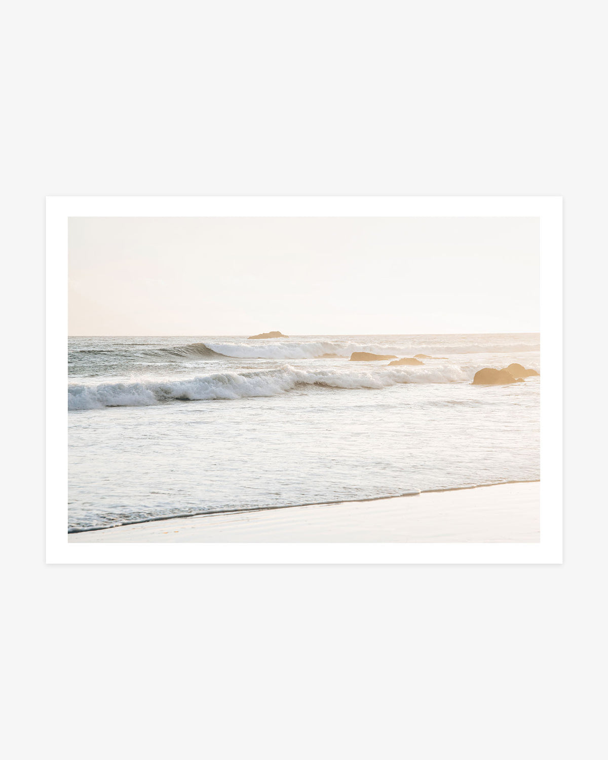 Dana Point beach wall art featuring soft Pacific waves, coastal rocks and warm golden light along the Southern California shoreline.
