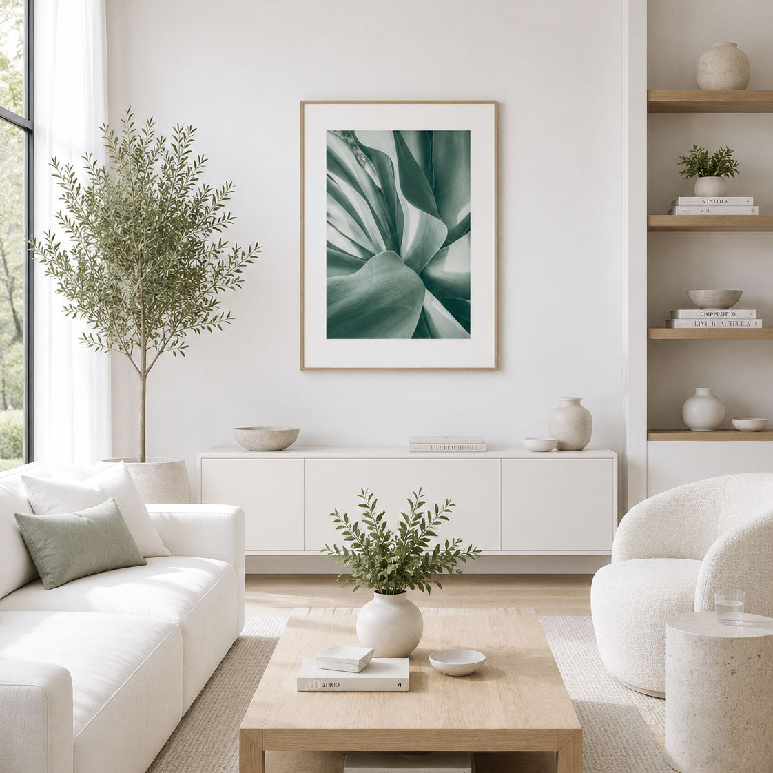 Minimalist botanical wall art featuring close-up agave leaves in soft sage green tones, displayed in a bright modern living room with white furniture, light oak accents, and airy Scandinavian-inspired decor