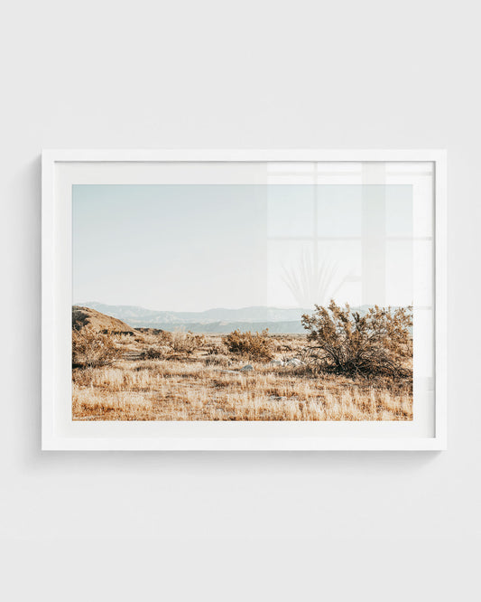 California desert wall art featuring dry golden grass, scattered desert shrubs, and distant mountain ranges under a clear pale sky.