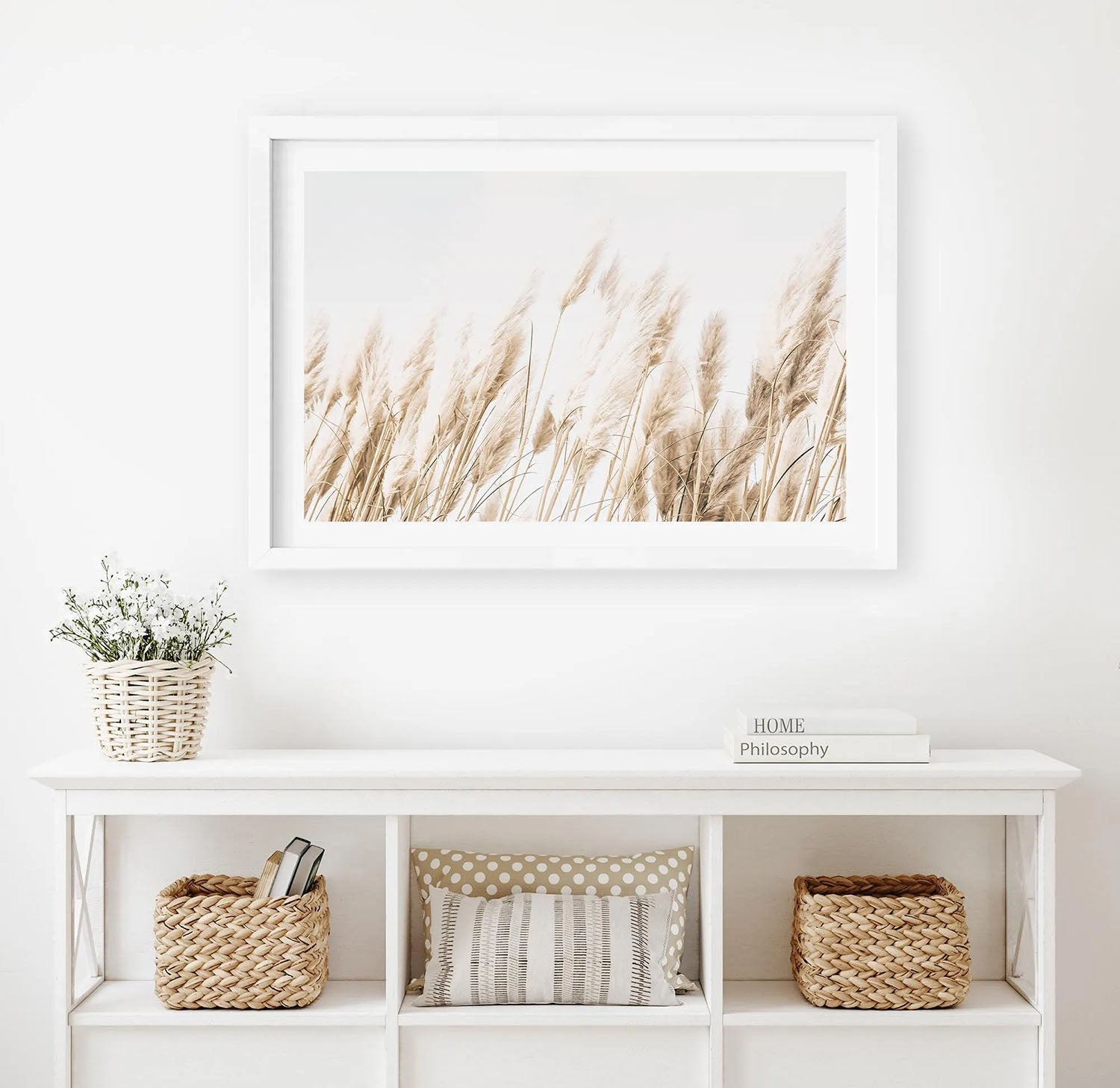 A neutral-toned photograph of gentle beach grasses under natural light, ideal for boho, coastal, and minimalist home decor.