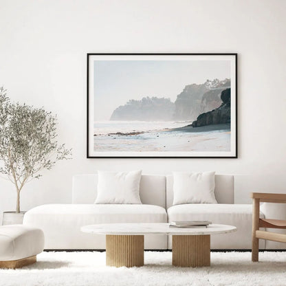 Misty Malibu Beach with soft ocean waves and sandy shoreline wall art print
