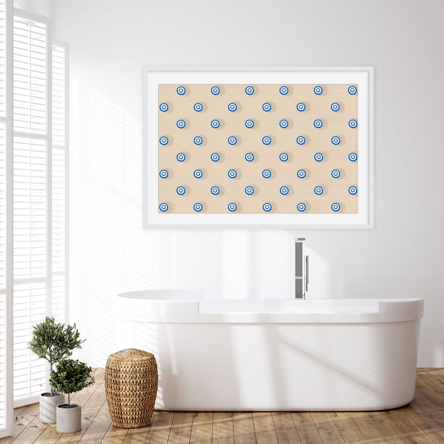 Aerial beach photo of blue and white umbrellas in a patterned layout. Minimalist coastal art print that adds a modern, serene summer vibe to home decor.