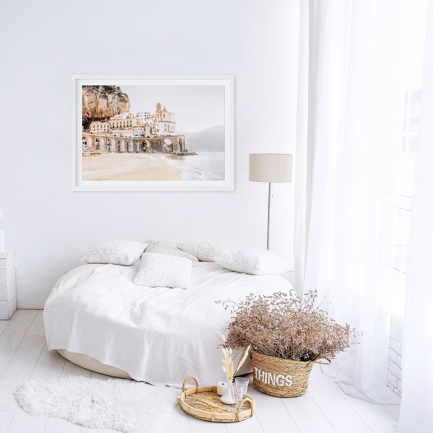 Amalfi Coast wall art print displayed in a neutral living room interior