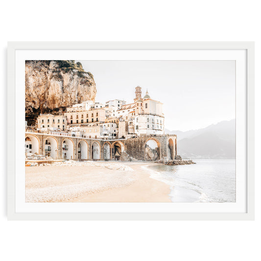 Fine art Amalfi Coast wall art print in white frame with mat, neutral beige tones