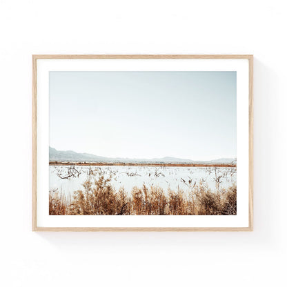 Arizona wetlands wall art featuring a tranquil desert marsh with reeds, reflective water, scattered tree branches, and distant mountains beneath a soft blue sky.