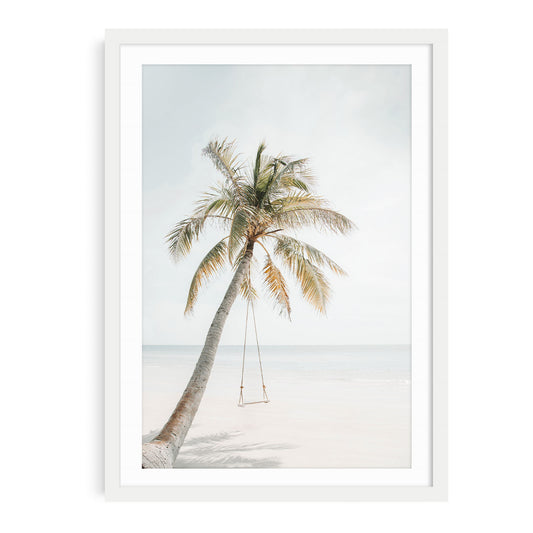 Minimalist fine art print of a beach palm tree swing in a white frame with mat