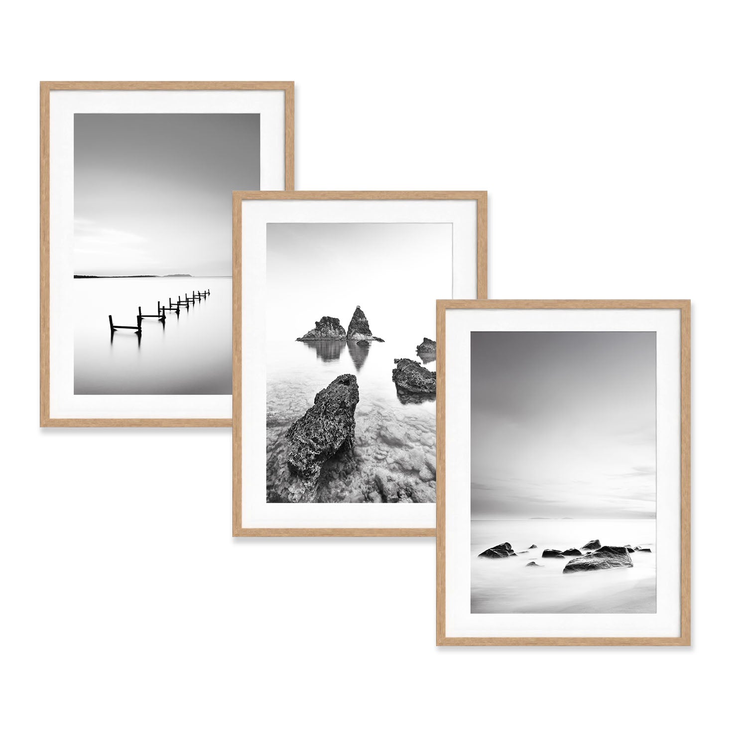 Minimalist black and white coastal photography print in a natural wood frame