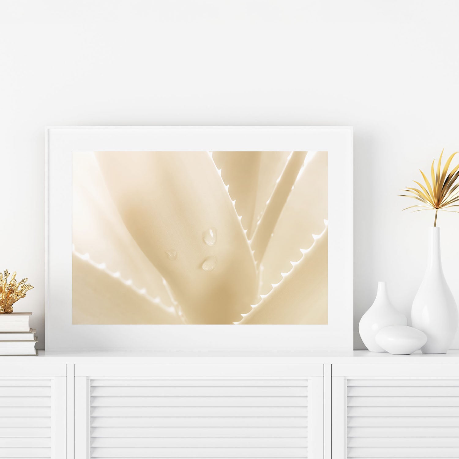 Beige minimalist aloe photography framed print with natural textures.
