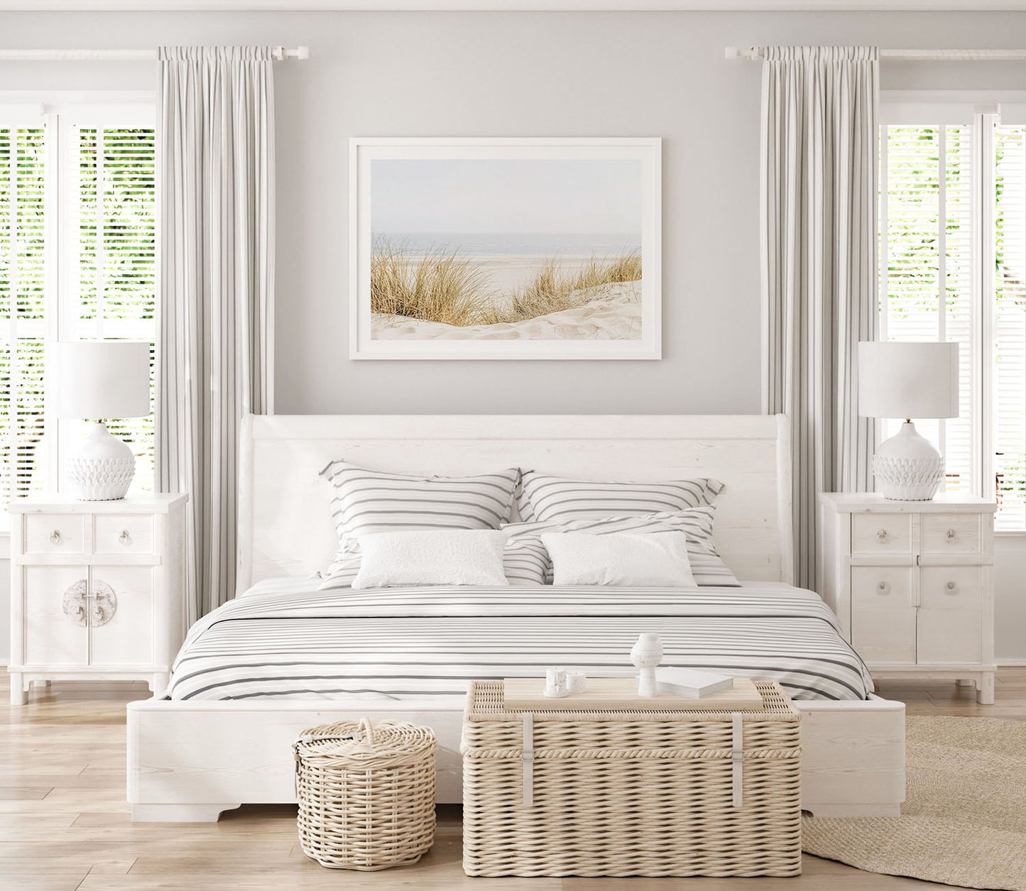 Coastal wall art print of beach grass styled in a modern bedroom interior