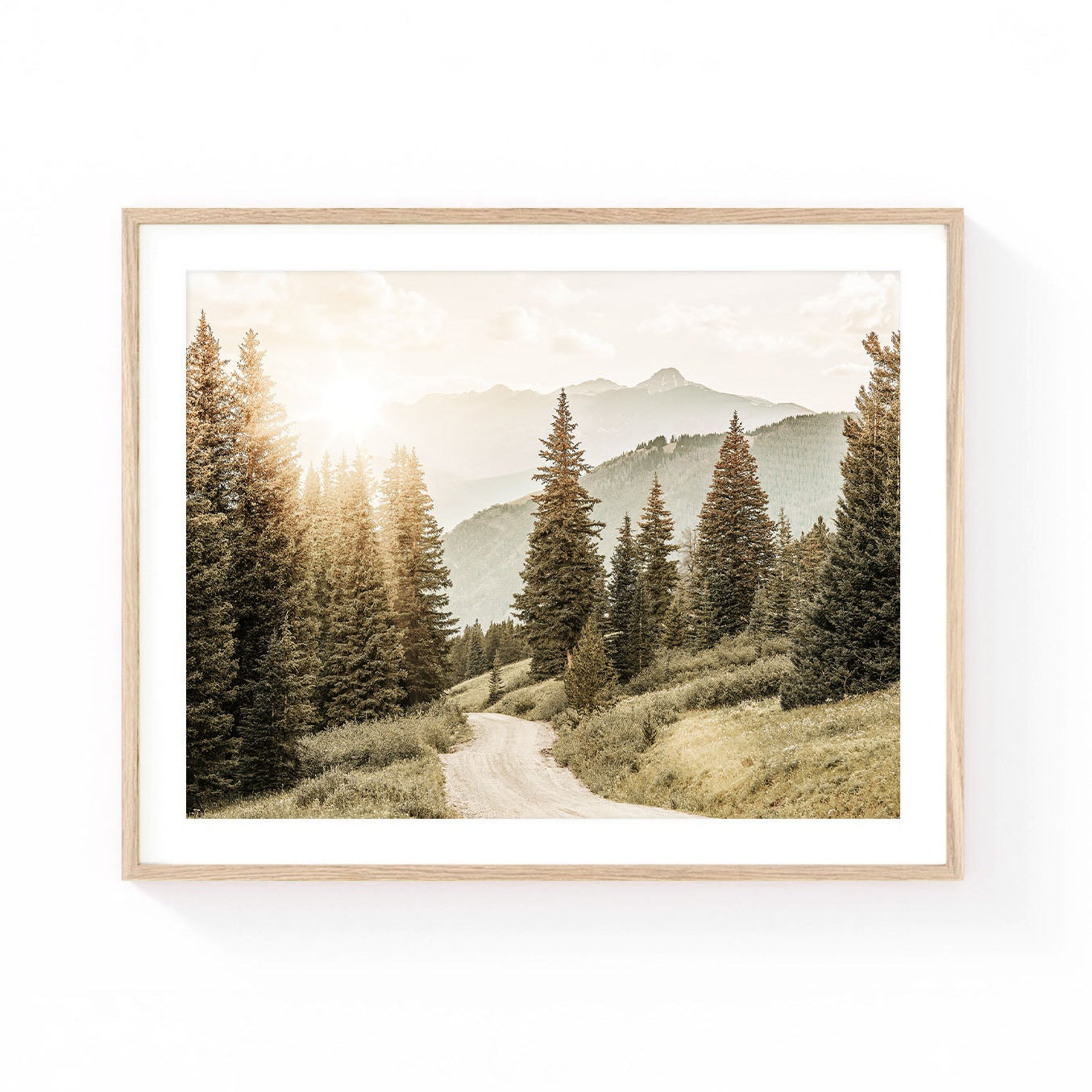 Colorado mountain wall art featuring a winding forest road, towering evergreen trees, and sunlit mountain peaks in warm natural tones.